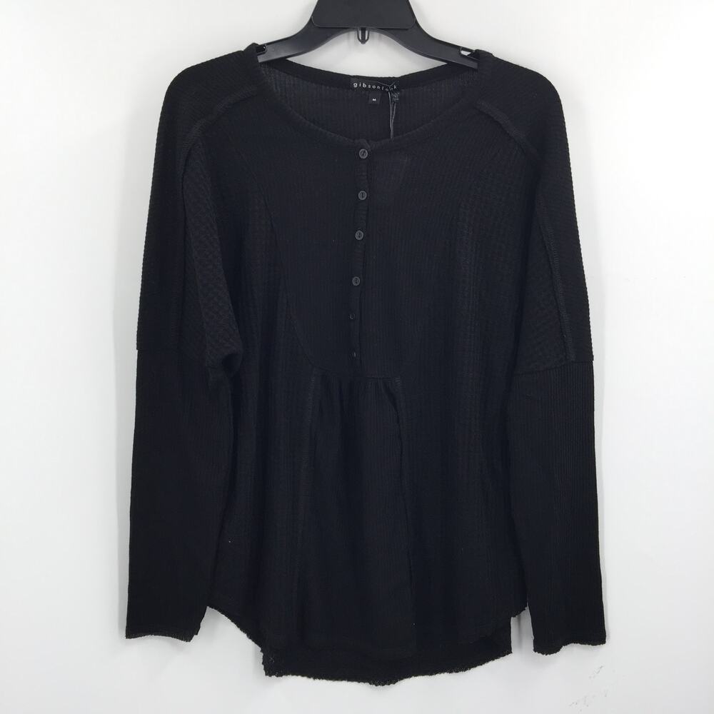 Gibsonlook Pullover Blouse Top Button Up Long Sleeve Mock Neck Black SZ Medium
